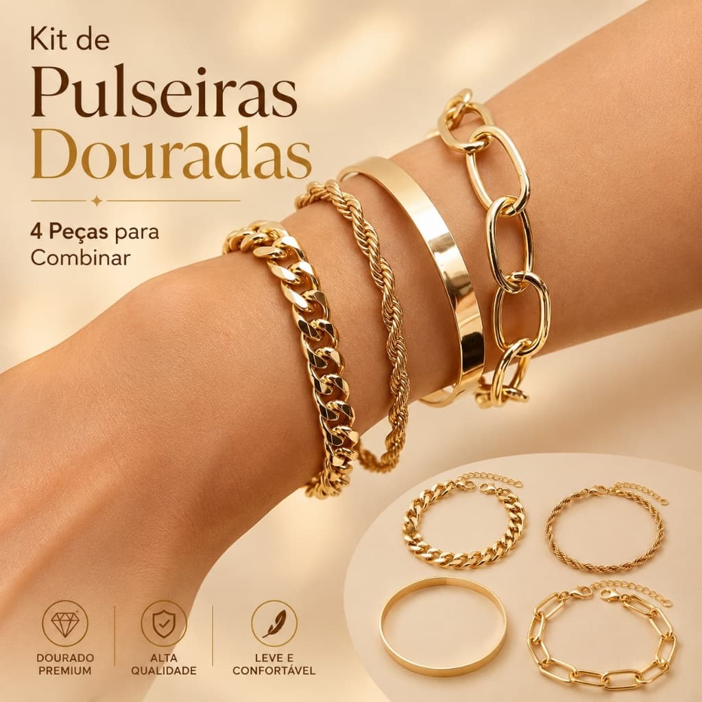 Conjunto de 4 pulseiras em camadas com correntes grossas - Ajustáveis, simples e empilháveis ​​- Lucky Jewelry Gift