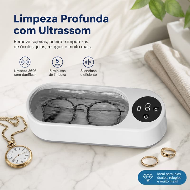 Máquina de Limpeza Ultrassônica Multifuncional - Para Jóias, Óculos, Escovas de Dentes e Pincéis de Maquiagem