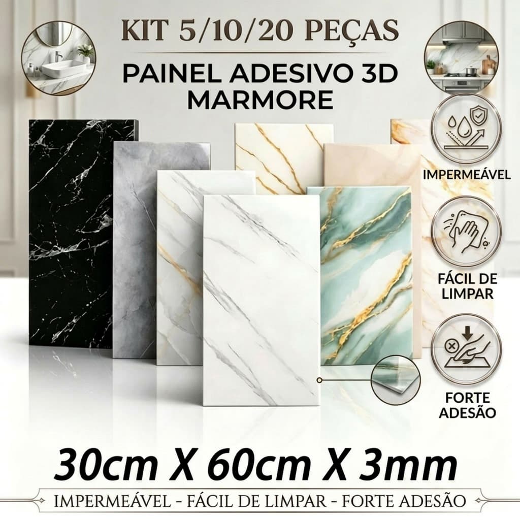 5/10/20PC Conjunto De Adesivos De Parede Laváveis Em Relevo De Mármore 3D 30cm X 60 cm