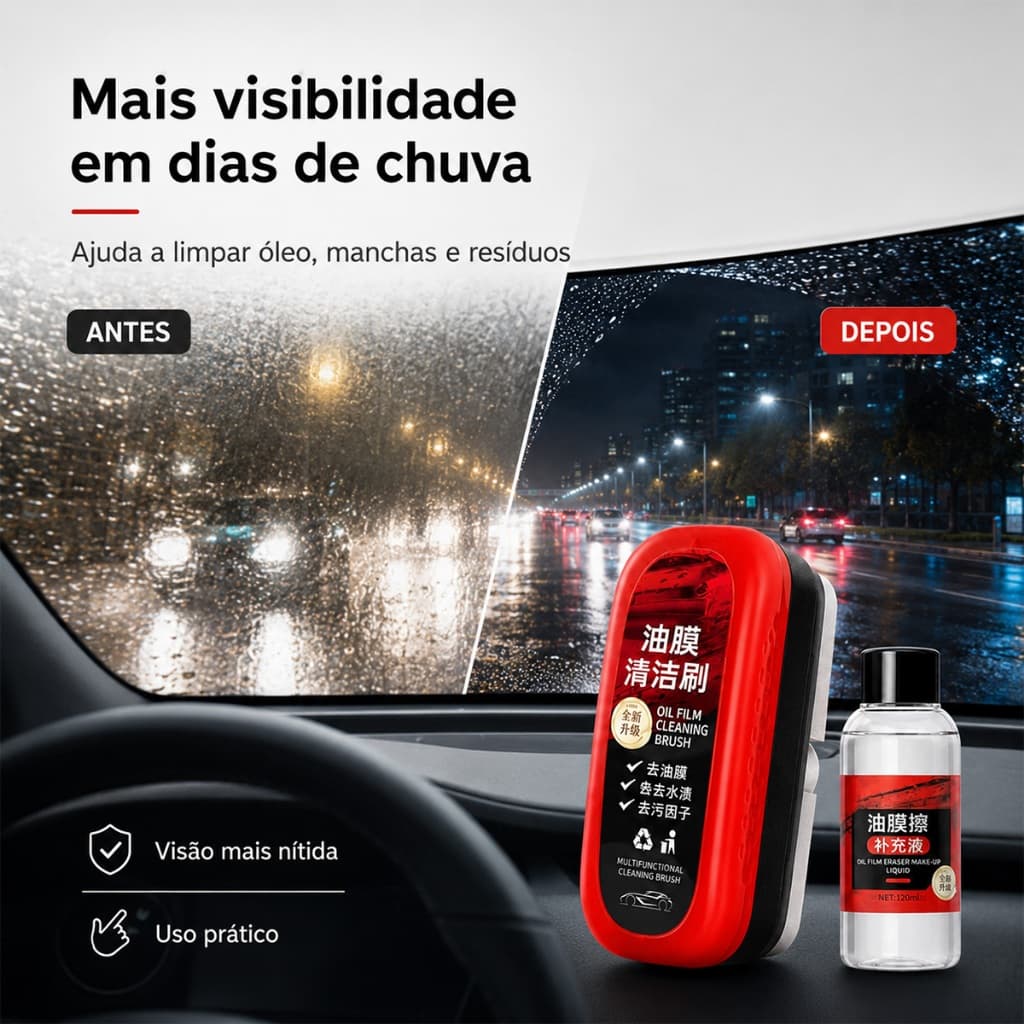 2 in 1 Limpador de Vidro Automotivo com Escova, Remove Película Oleosa, Anti-Névoa