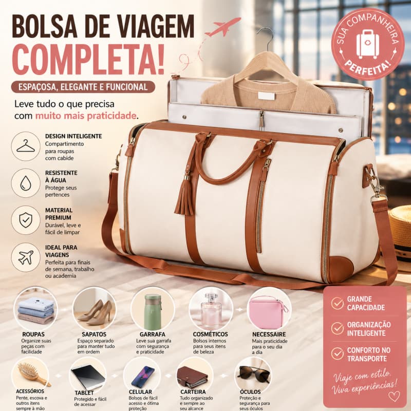 Bolsa de Viagem Feminina Dobrável Impermeável Grande Capacidade Mala para Academia e Viagem