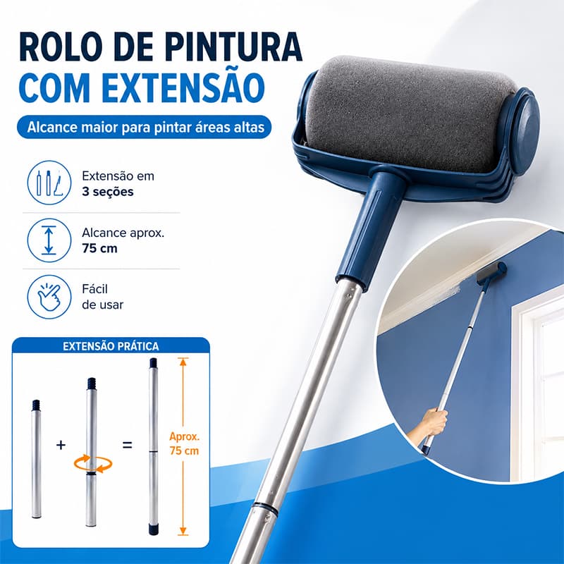 Kit de Pincel Rolo de Pintura de 6 Polegadas para Pintura de Paredes + 75cm cabo para Parede Teto e Cantos Altos