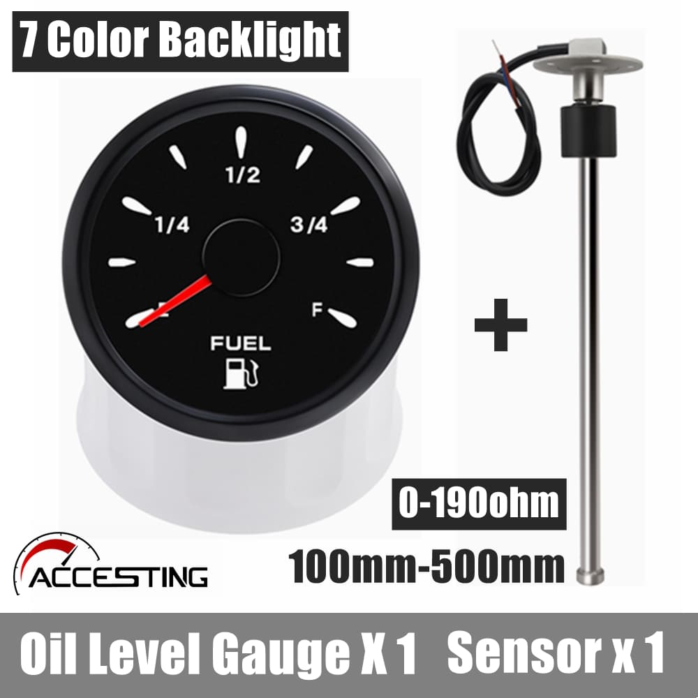 0-190Ohm Ponteiro LED De 7 Cores Medidor De Nível De Óleo + Sensor De 100-500 Mm Com Luz De Alarme , Para Carros Marinho