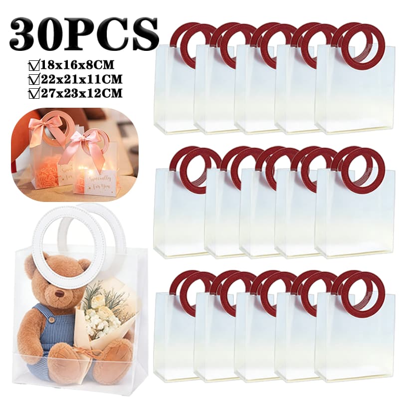 Kit 10-30 Bolsas Sacola Plástica Transparente Flexível De PP Alça Redonda Couro Sintético Em Cores Para Presente Brinde
