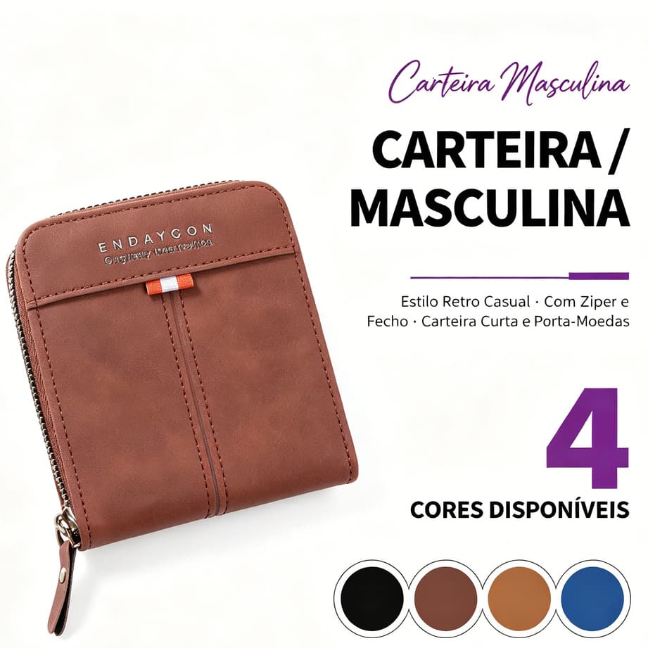 Carteira masculina curta/porta-moedas com zíper horizontal, estilo retrô casual, com fivela.