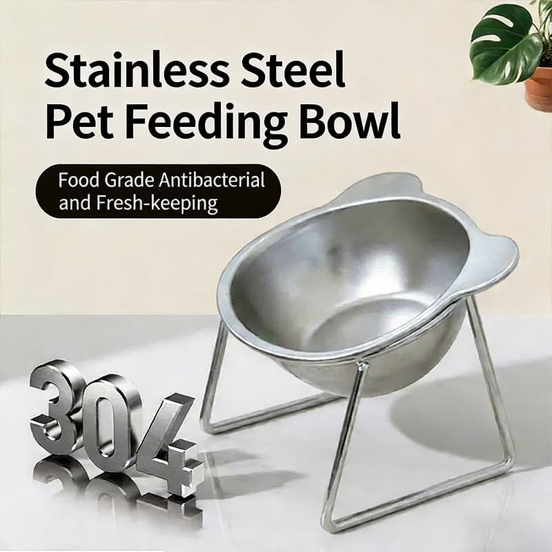 Tigela De Alimentação Para Gatos Inclinada Elevada Em Aço Inoxidável 304 Proteção Ergonômica Pescoço De 15 Graus Design