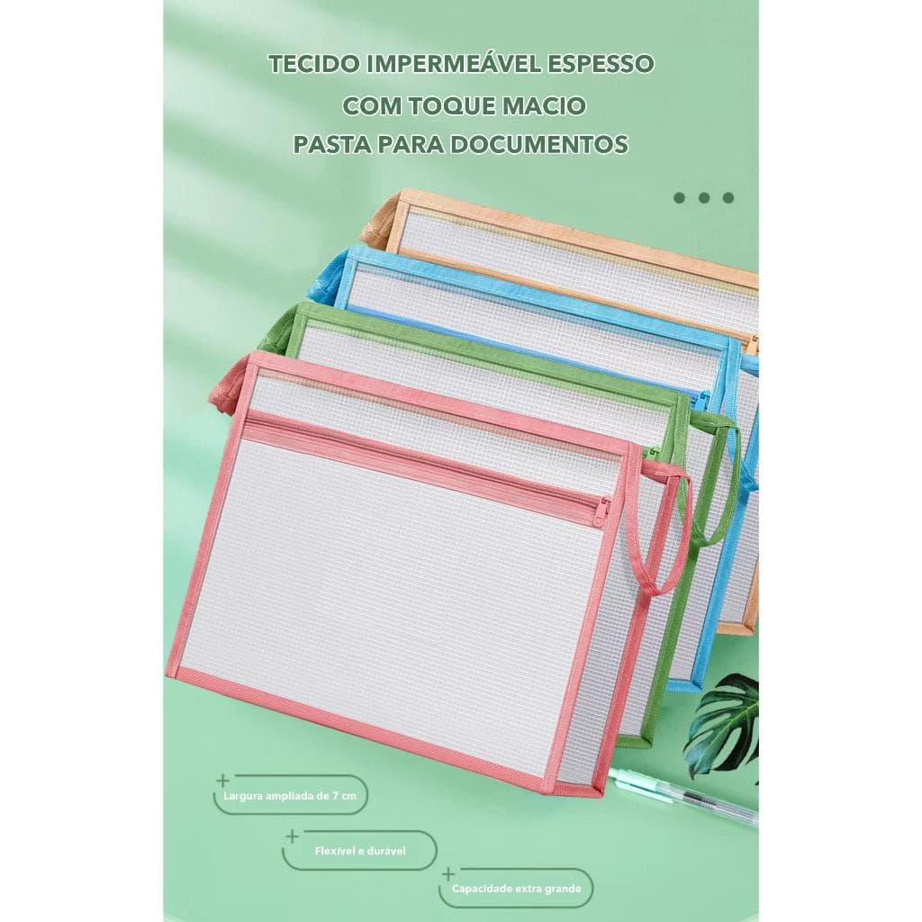 Pasta Documentos A4 Malha Dupla Camada 7cm 4 Cores Rosa Azul Verde Cáqui