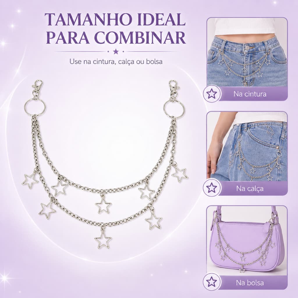 Corrente de Calça 3 Estrelas - Y2K Prata Dupla Camada Ajustável
