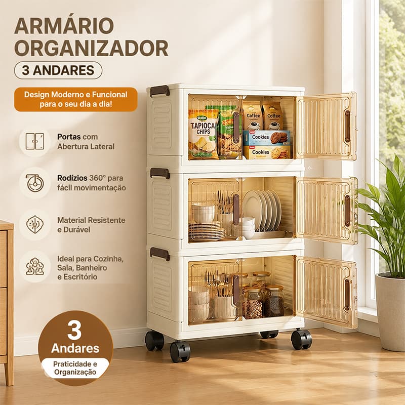 Armário Dobrável Empilhável com Rodas, Resistente e Fácil de Montar – Organizador com 5 Portas para Quarto, Sala e Close