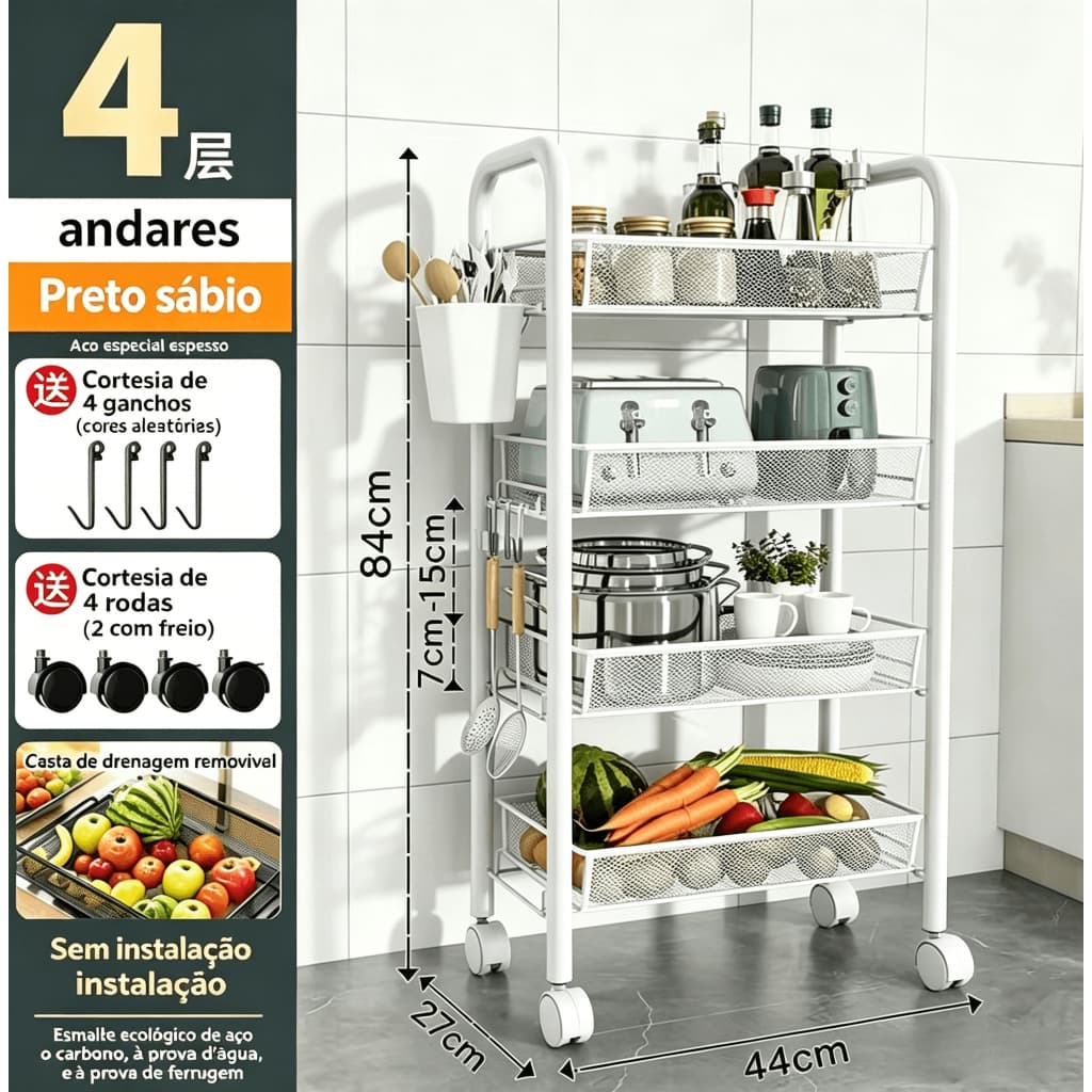 Carrinho Organizador Multiuso com 4 Rodas, para Cozinha, Banheiro, Lavanderia e Frutas