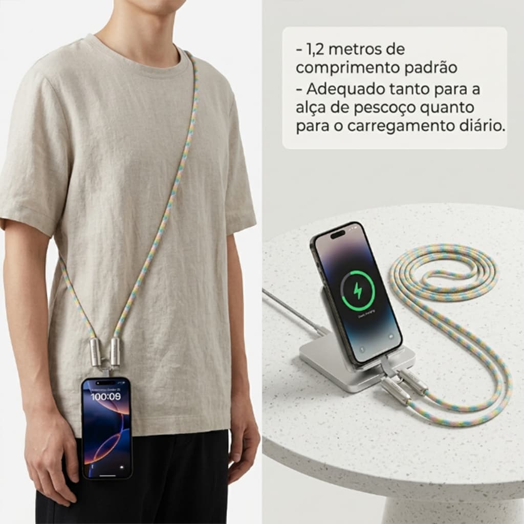 HEYOO x HREBOS Cabo de dados portátil trançado dois em um pendurado no pescoço tipo para Apple Cabo de cordão para celul