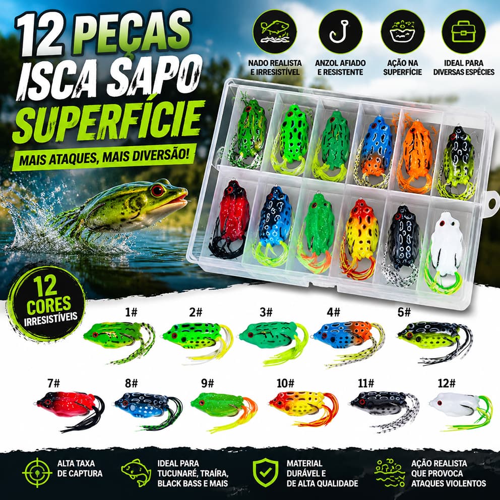 Kit 12 Iscas Artificiais Sapo Frog - Especiais para Água Doce e Salgada, Anti-Enrosco