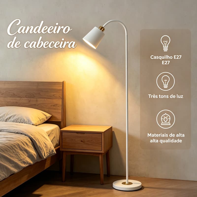 Luminária de Chão Nórdica Soquete E27 Bivolt Estrutura em Tubo Metálico Luz de Leitura para Quarto, Sala e Escritório