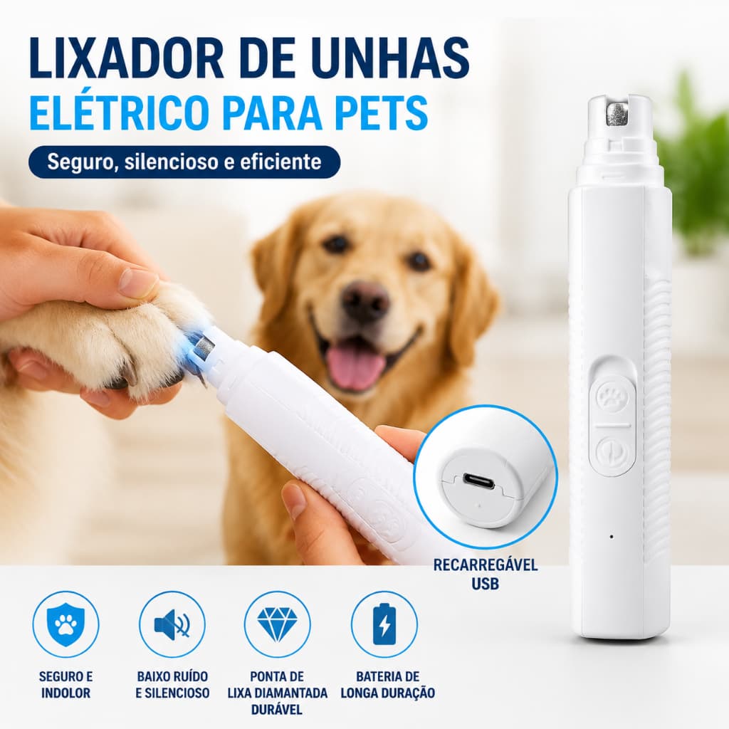 Lixador de Unha Eletrico para Cachorros e Gatos Lixa Pet USB Recarregavel Led