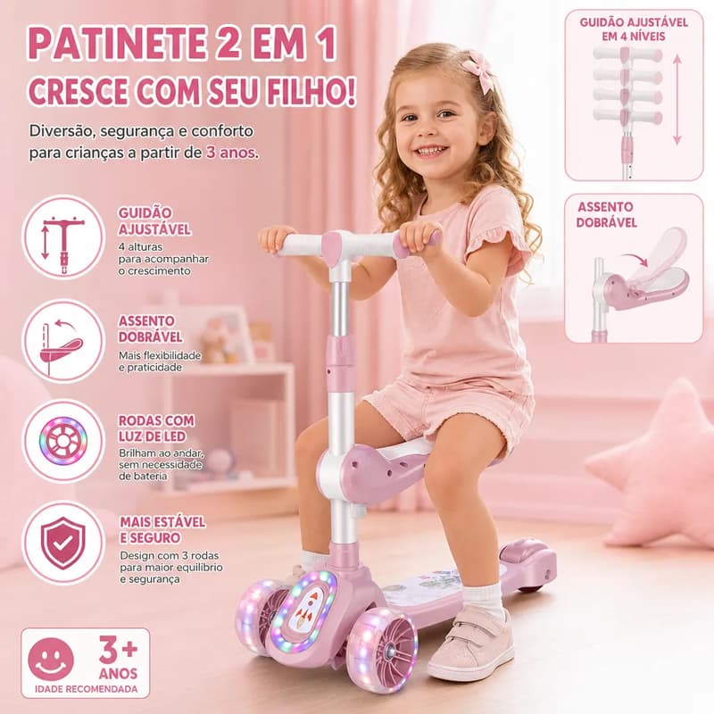 Patinete 3 em 1 Infantil Ajustável com Rodas Iluminadas Dream Light - Suporta até 50kg para Crianças de 2 a 8 Anos