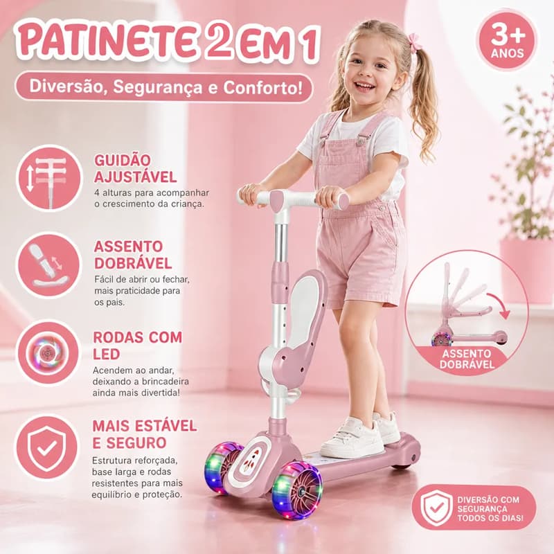 Patinete Infantil 3 em 1 Dream Light com Rodas Iluminadas - Ajustável para Crianças de 2 a 8 Anos, Suporta até 50kg