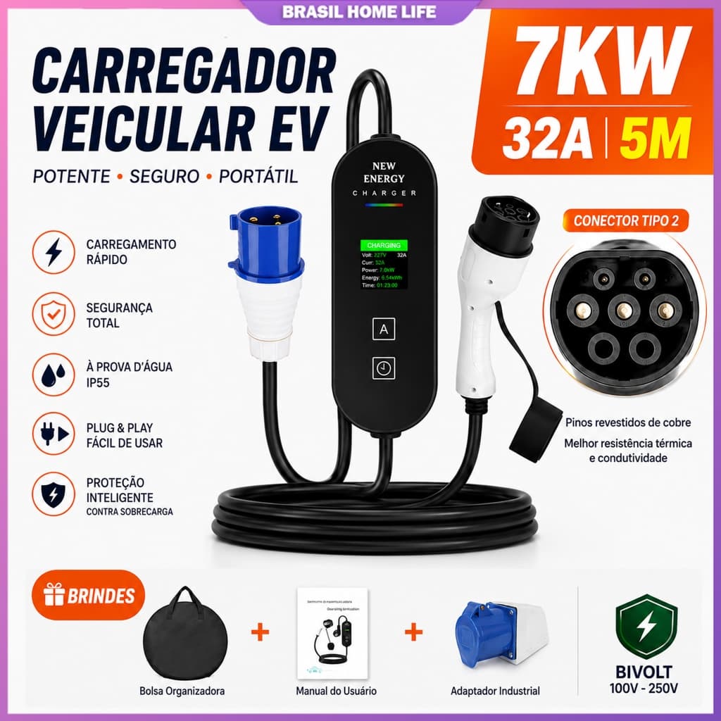 Carregador Portátil 7KW 32A Tipo 2 80-260V Compatível Tesla BYD Volvo Todas Marcas