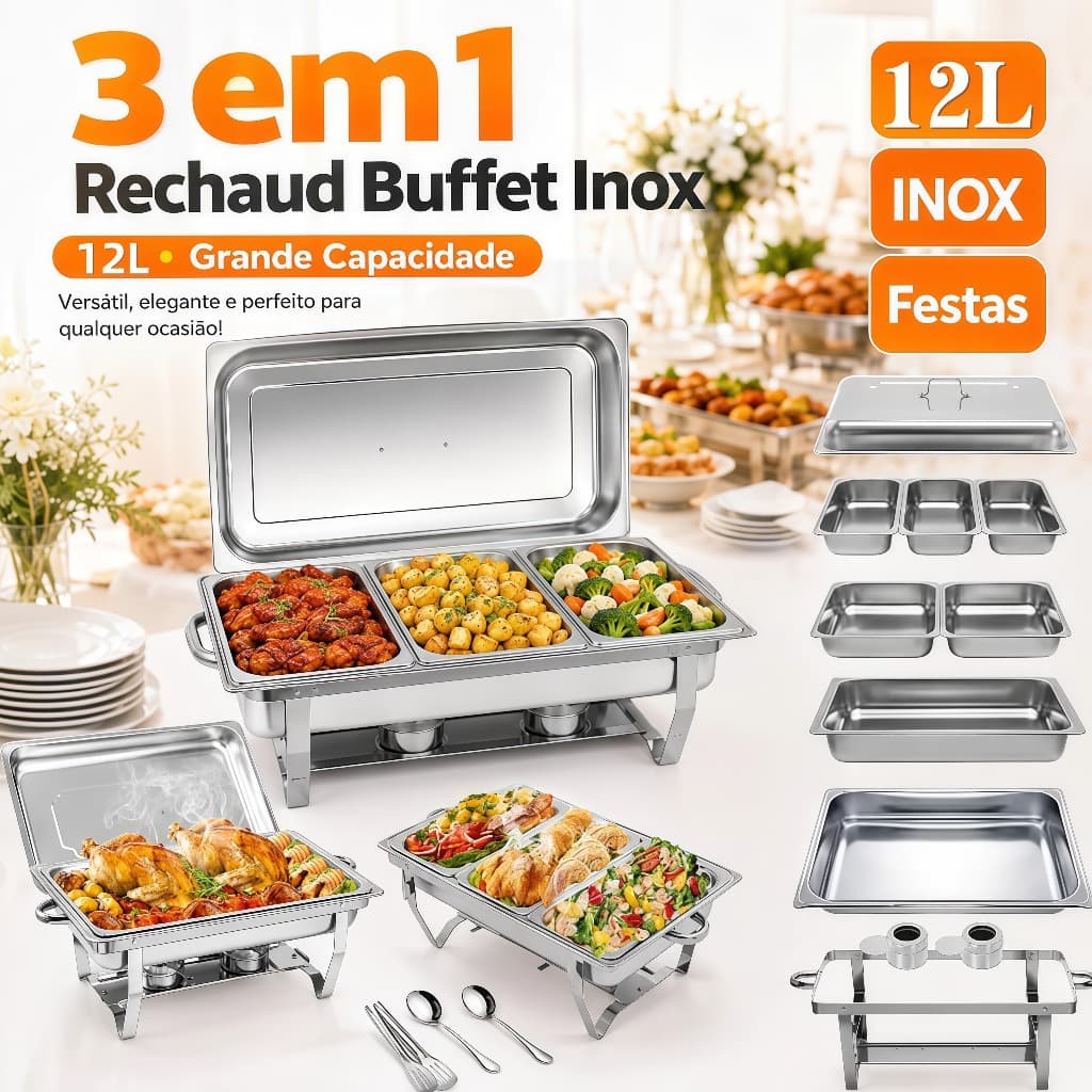 Rechaud Inox 9L p/ Buffets Grandes | Cozinha e Mantém Quente - Conjunto 3 em 1/ Festas a Restaurantes