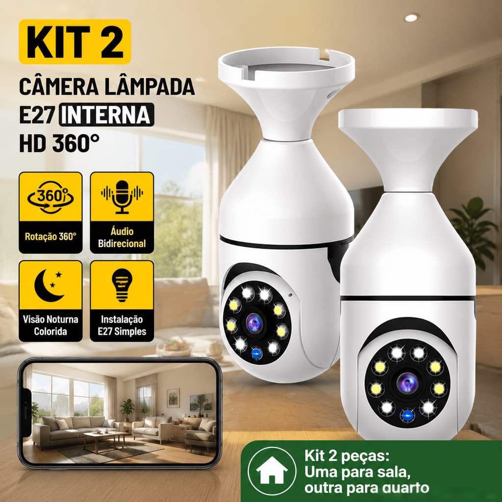 Lâmpada Câmera 360° WiFi E27 Full HD 1080P, Vigilância Inteligente para Segurança Doméstica