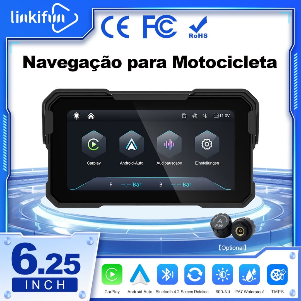 Linkifun MT10 Tela 6,25" para Moto, CarPlay/Android Auto Sem Fio, Vertical/Horizontal, IP67, TPMS Opcional e USB