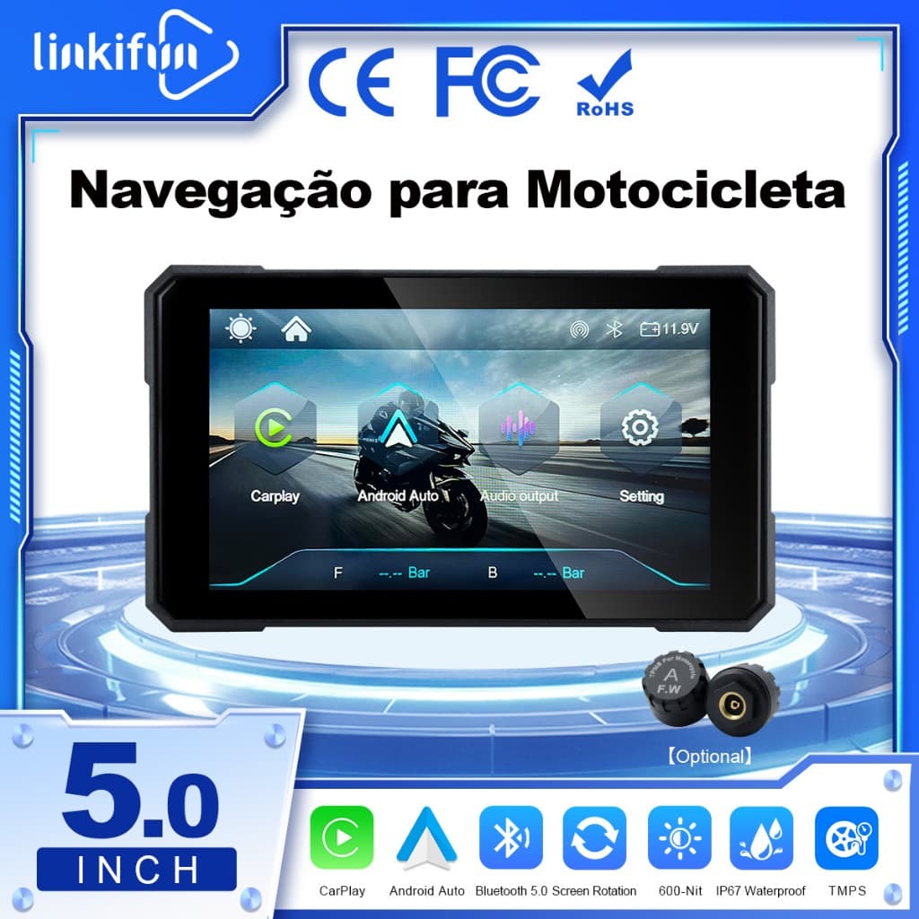 Linkifun MT15 Tela 5" para Moto, CarPlay/Android Auto Sem Fio, Vertical/Horizontal, IP67, TPMS e Suporte Opcionais