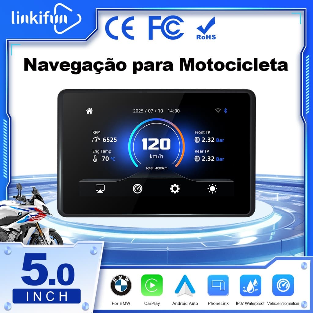 Linkifun MT3 Pro Tela 5" para Moto BMW, CarPlay/Android Auto Sem Fio, Wonder Wheel, Dados OEM e IP67