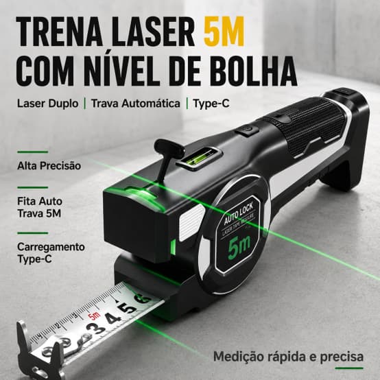 Trena Laser 5M com Nível de Bolha, Fita Métrica Auto Trava Type-C Multifuncional