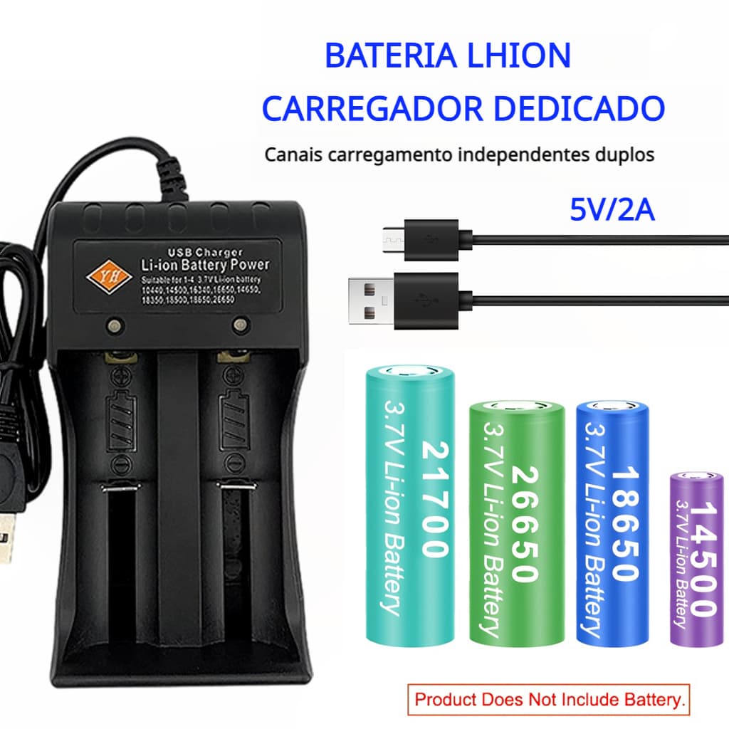 Carregador de bateria de lítio com Slot duplo Usb 18650/14500 múltiplo compatível