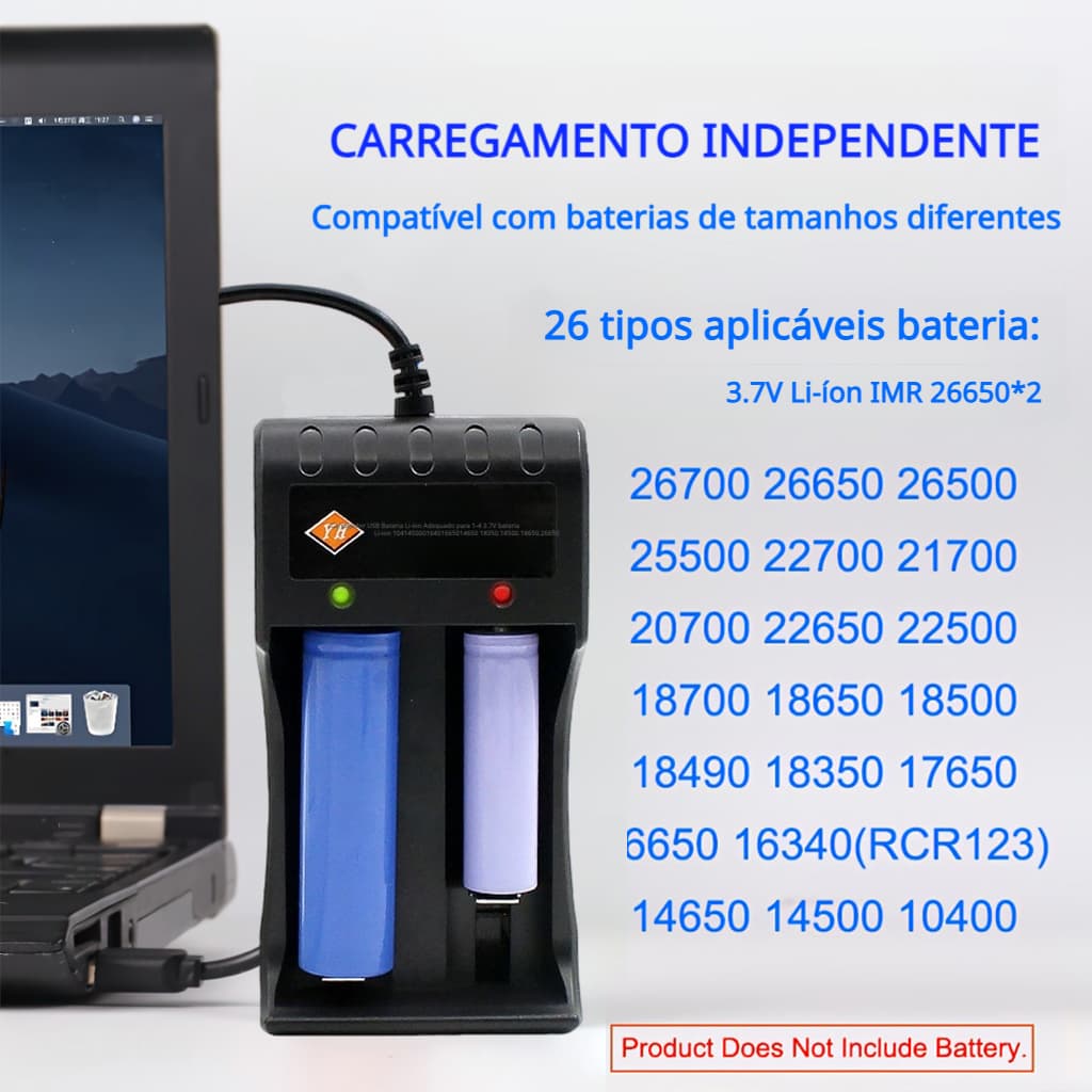 Carregador de bateria de lítio 18650 USB que carrega Slot duplo de luz de mudança inteligente