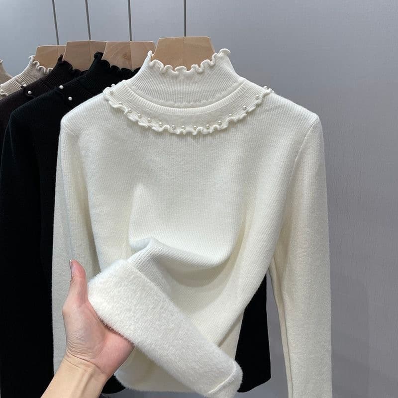 Forro de lã engrossado camisola feminina outono inverno novo estilo gola de renda tamanho grande camisa de fundo quente