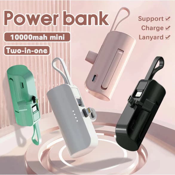 Mini Carregador Portátil De 10000mAh Com Carregamento Sem Fio 2 Em 1 Para iPhone E USB-C
