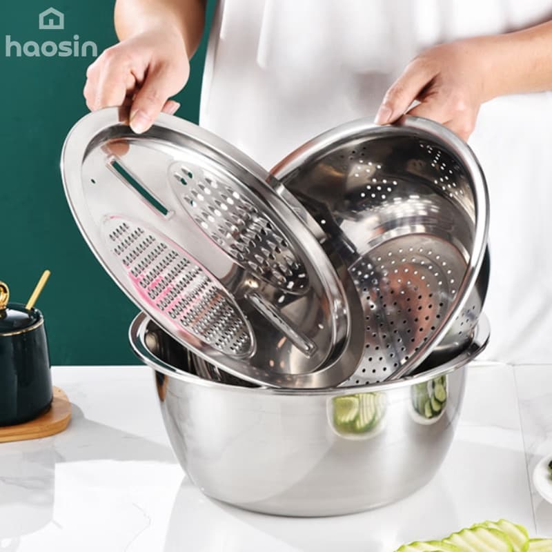 Tigela Inox 4-in-1 Raspador/Fatiador/Bacia 24cm – Ralador para Legumes & Queijo (Tampa incluída)