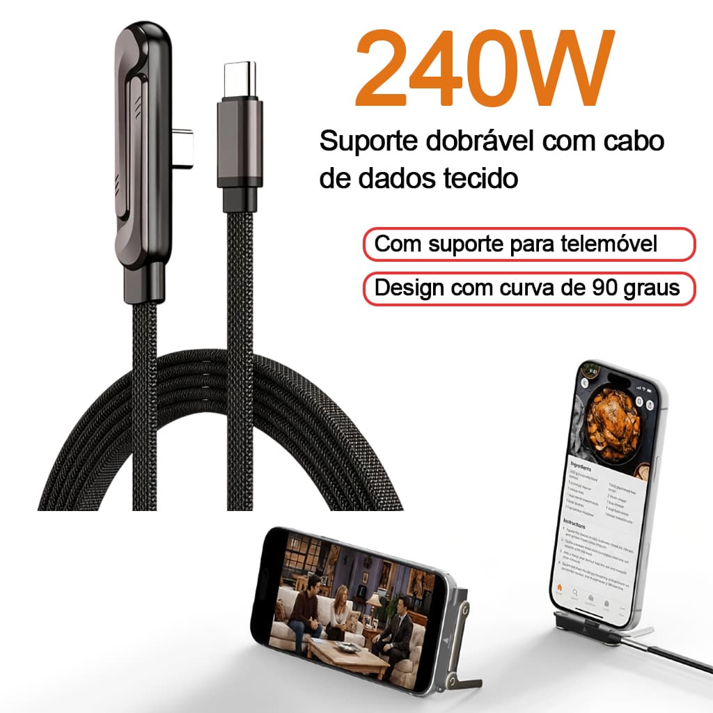 Cabo Para Jogos BlueWow 240W Tipo C 2 Em 1 Com Suporte Dobrável 1,5 cabo de carregamento extra longo