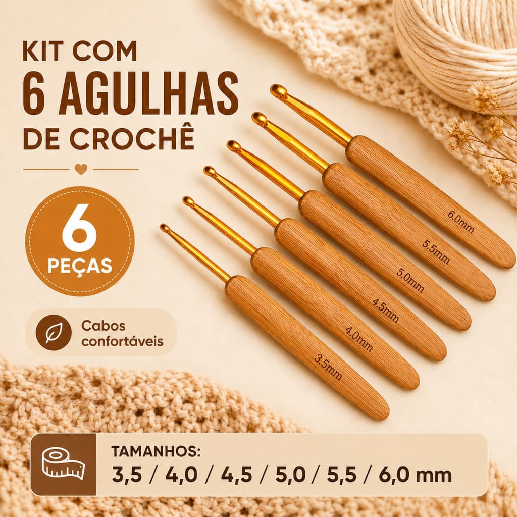 Agulhas de Crochê Cabo de Bambu Kit 6 Unidades Vários Tamanhos Profissionais