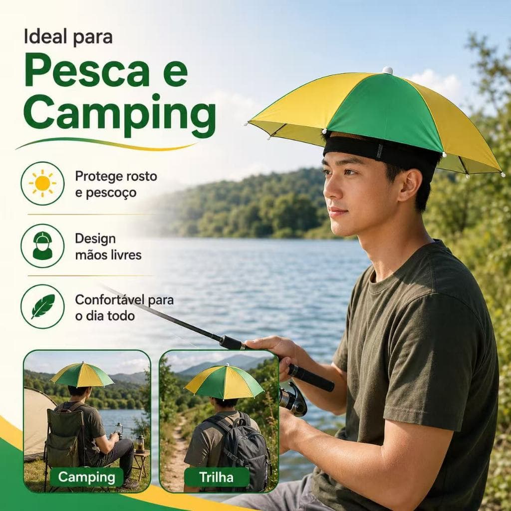 Chapéu Parasol 69cm Guarda-Chuva de Cabeça Dobrável Leve Impermeável Para Pesca Camping Caminhada e Praia