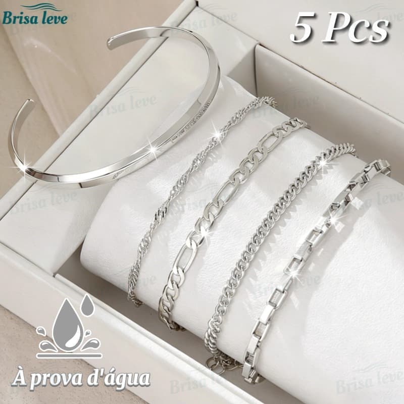 Conjunto de Pulseiras de  Aço inoxidável com 5 Peças, Estilo Minimalista, Joia que Não Desbota, Presente para Muleres-BL