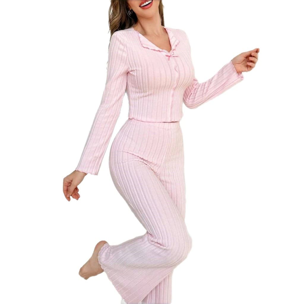 Pijama Feminino Outono Inverno Conjunto Quente Manga Longa Calça Comprida Gola Lapela Laço Roupa de Dormir Homewear