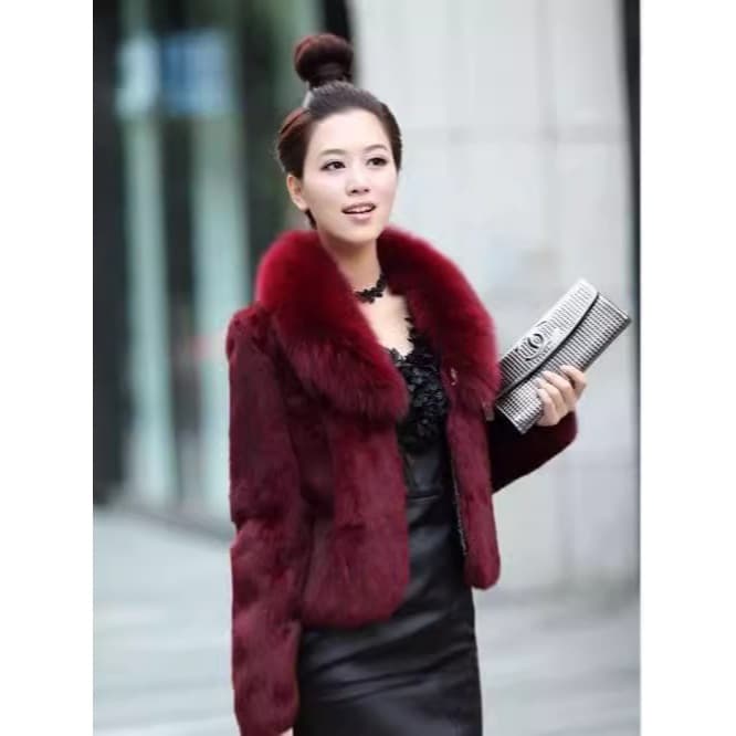 Casaco Curto Feminino Inverno Luxo Imitação Coelho Com Gola de Raposa Artificial