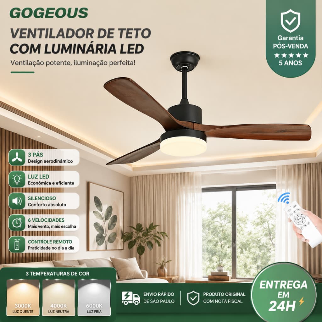110V-220V Ventilador De Teto Com Luz LED 3 Pás 42/48 Polegada Com Controle Remoto Sala de estar Quarto