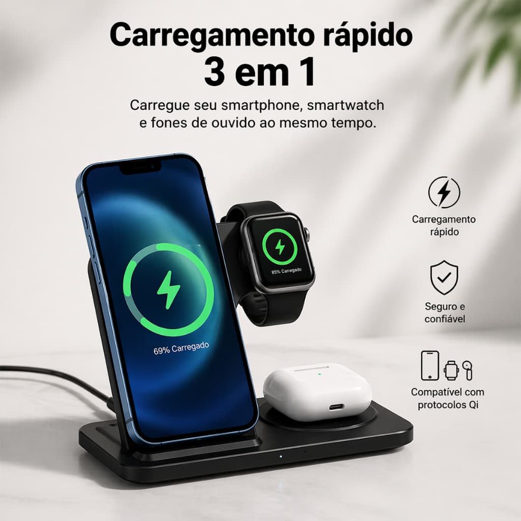 HREBOS x HEYOO Base de Carregamento Sem Fio 3-em-1 Qi2 Magnético para iPhone, Relógio e Fone