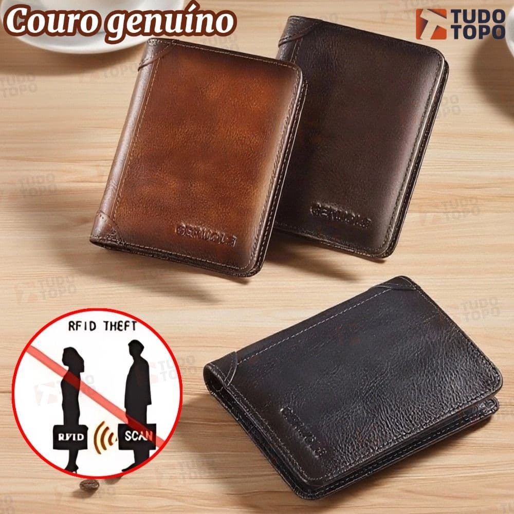 Carteira Antifurto Masculina De Couro Legítimo Vintage De Trifold E Bifold À Escolha