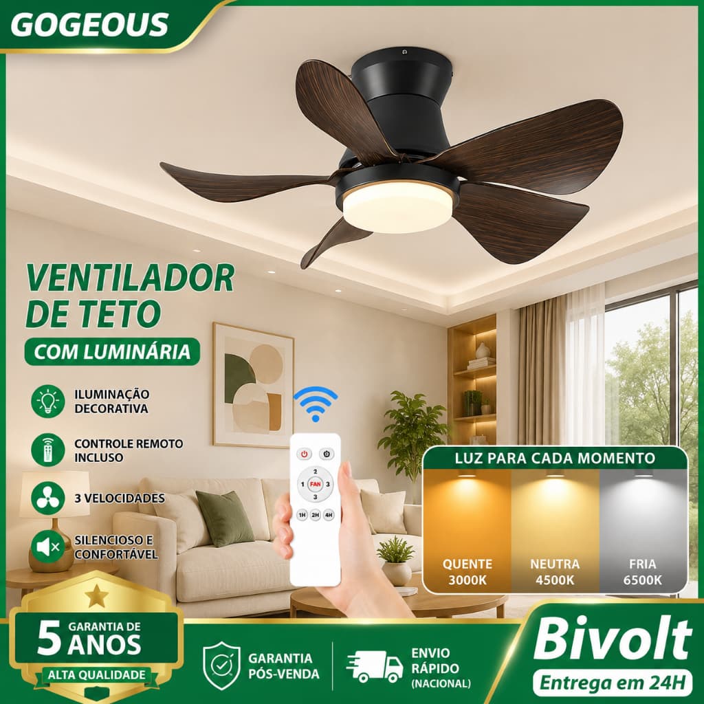 Ventilador de Teto com Luz 3 Cores 3200K 4000K 6000K 110V 220V 25W Controle Remoto 24 Polegadas Para Quarto Sala