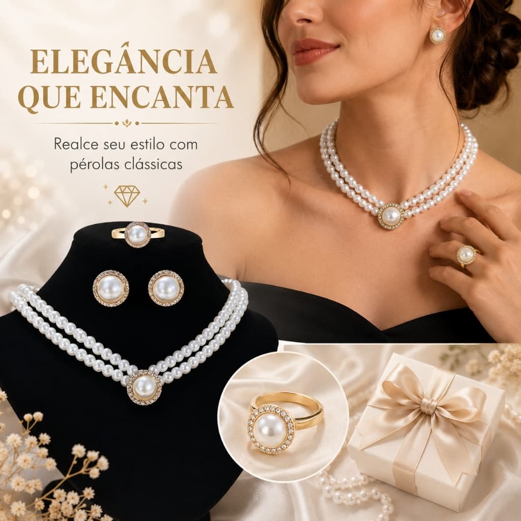 Kit 3 Conjunto Feminino Pérola Moderna Colar Brincos Bracelete