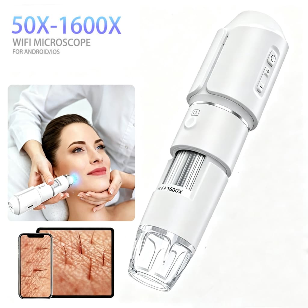 Microscópio Digital Sem Fio 50X-1600X WiFi Análise de Pele e Limpeza Profunda Branco