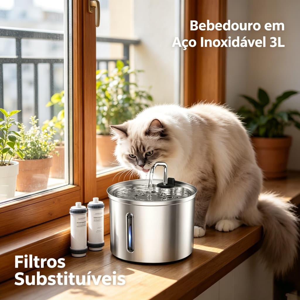 Aço Inoxidável Fonte para Gatos com Filtro 3L Dispensador de água para Cães Bebedouro Gato Automático Super Silencioso