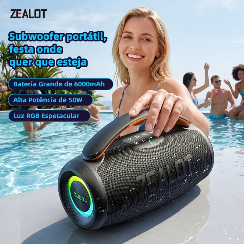 ZEALOT P11 Alto-Falante Portátil Bluetooth Caixa De Som Externa Sem Fio 50W RGB Light TWS Estéreo BT5.3 Bateria Grande D