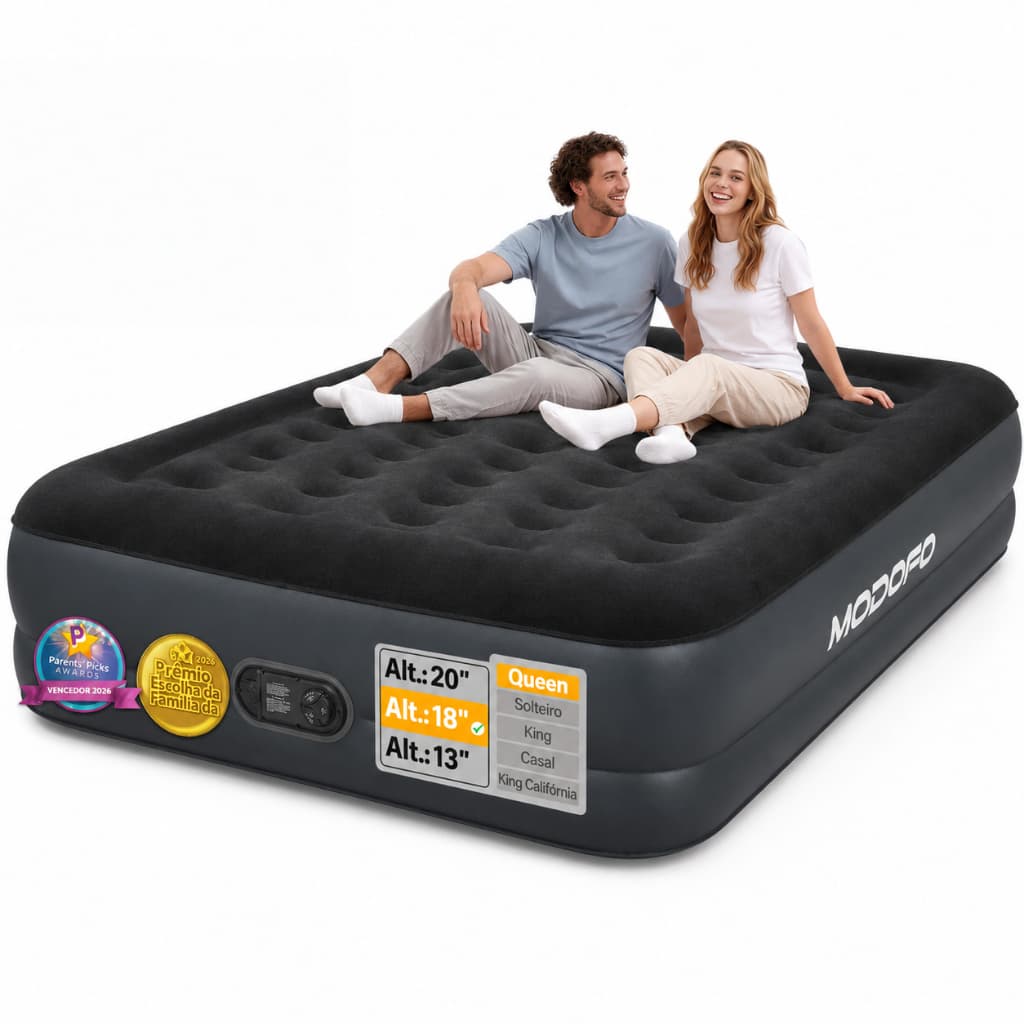 Colchão Inflável Preto MODOFO | Almofada Embutida De Alta Qualidade , Bomba Elétrica , Ideal Para Casa E Camping