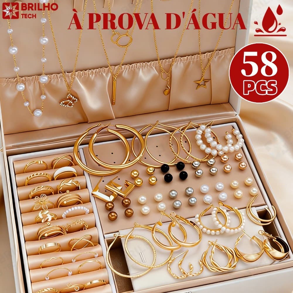 Brincos Femininos, Colares Femininos, Conjunto de Joias de Liga de Pérola, 56 Peças-bri