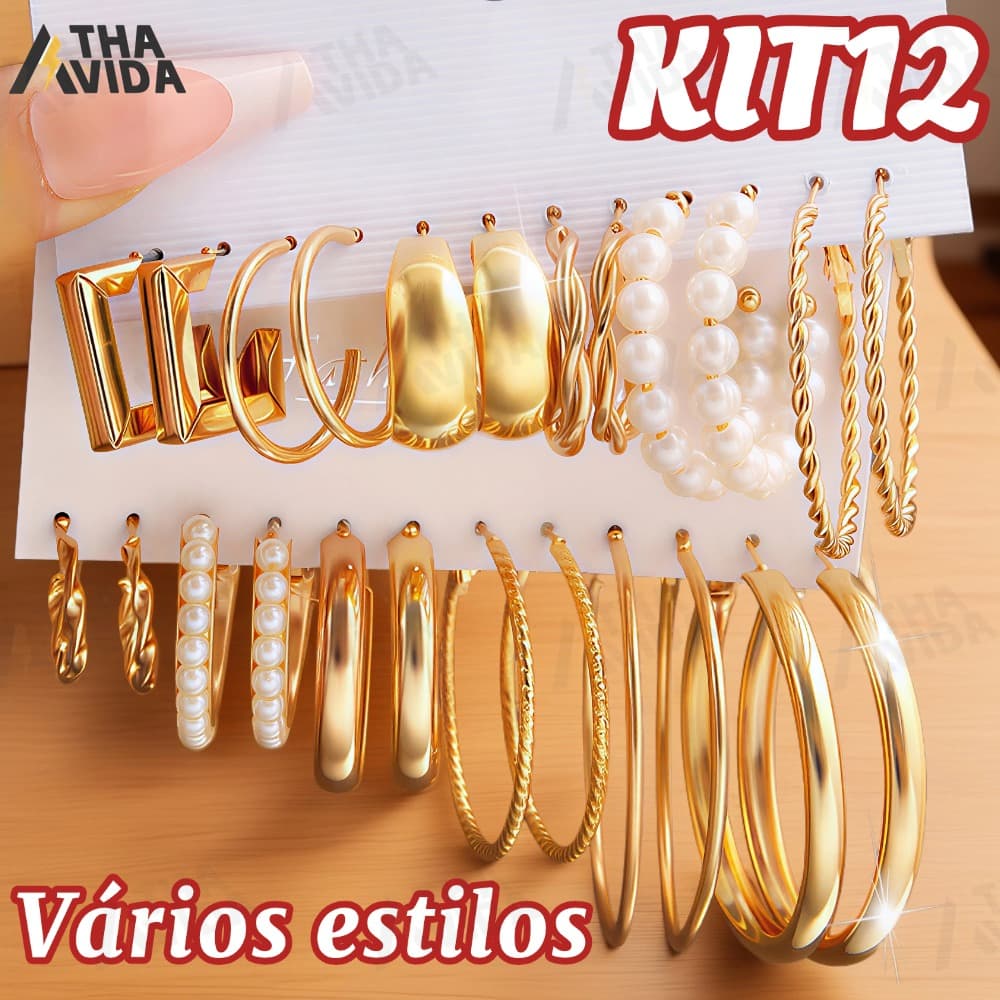 KIT12 Conjunto Elegante Brinco Com Argola De Ouro Brincos De Pérola Para Mulheres Joias Acessórios 12PCS