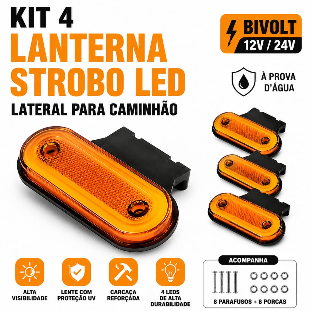 kit 4 Lanterna Strobo Led Lateral Carreta Suporte Amarela Com Suporte Bau Caminhao Carreta
